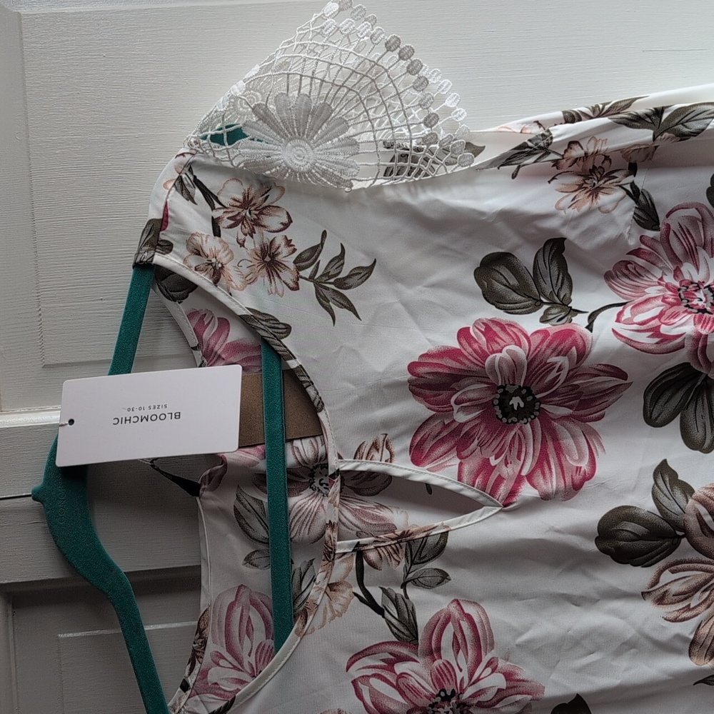 BloomChic Pink and Brown Floral Dress with Crochet Detail